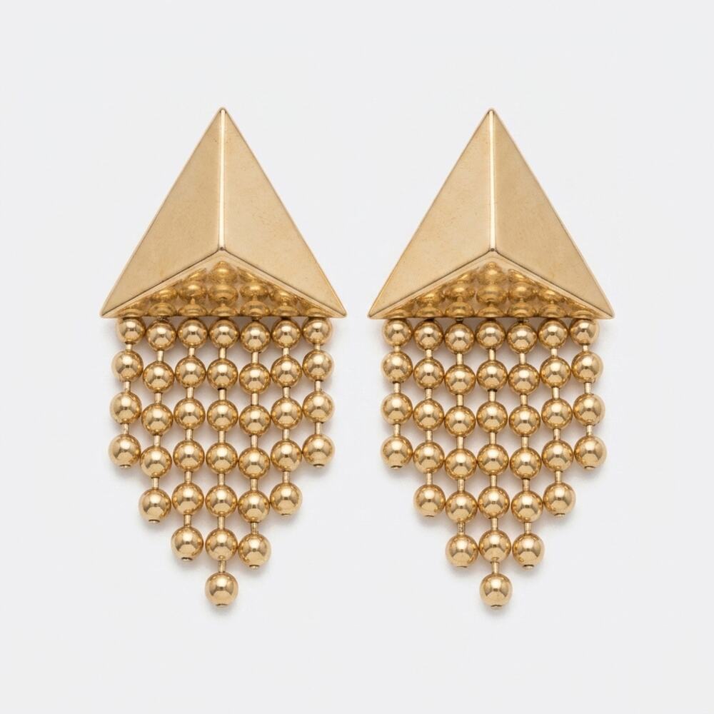 Vintage 1980s Gold Tone Pyramid Fringe Statement Earrings Restored